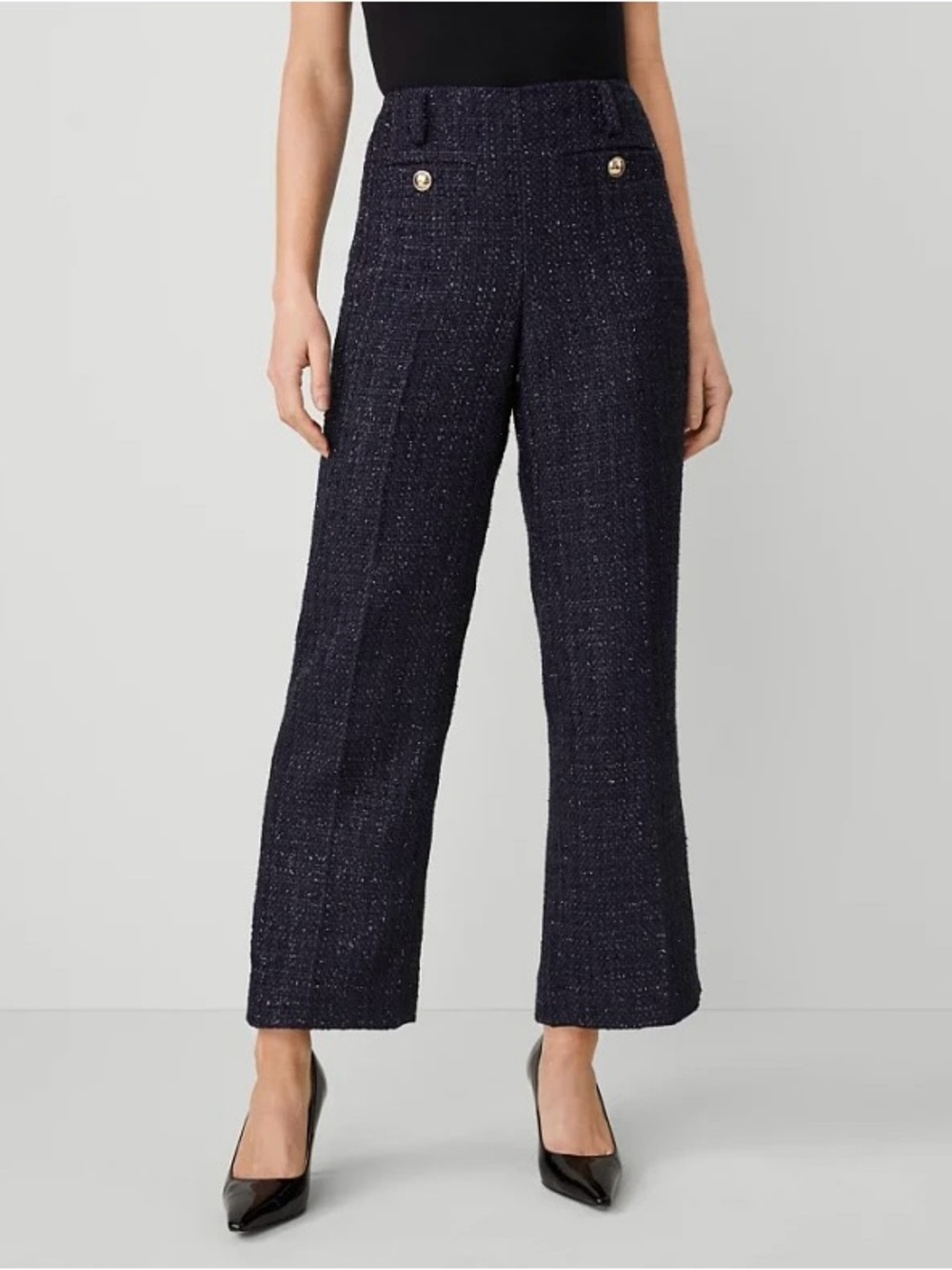Ann Taylor navy metallic shimmer tweed straight tailored ankle trousers pants 4